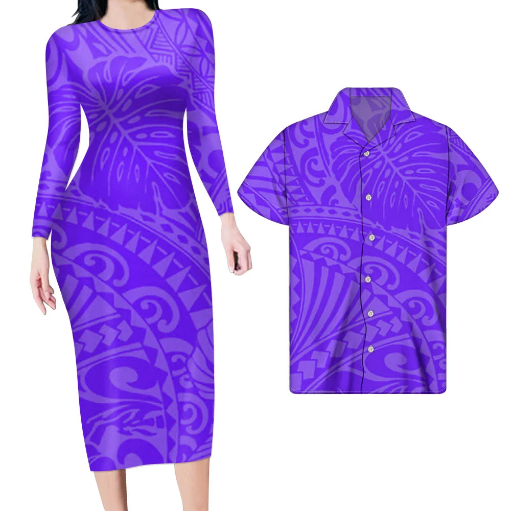 

Classic Purple Polynesian Pattern Clothing Custom Polynesian Tribal Design Puletasi Clothes Sets Casual Couples Dress and Shirts