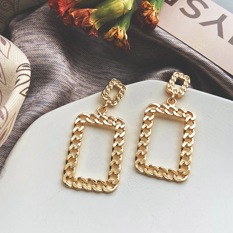 

New trendy gold plated geometric chain hoop earrings jewelry custom chunky cuban chain earrings for women, Gold plating