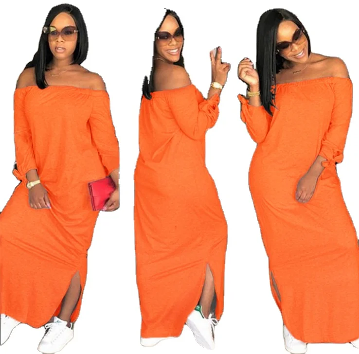 

New Arrive Long Sleeve Autumn Dress Slash Neck Sexy Loose Dresses Woman Robe Femme Long Dress