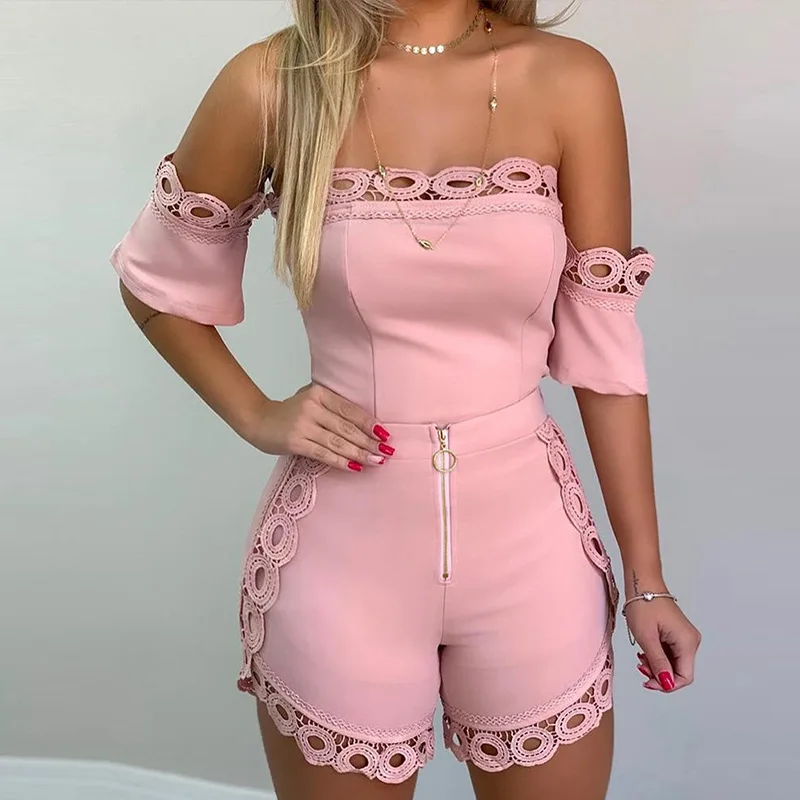

Amazon Ebay Hot Style New Design Off Shoulder Lace Embroidered Short Sleeve High Waist Summer Short Pants Two Piece Set Women, White,pink,red,black