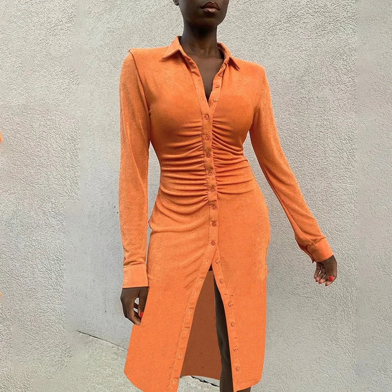 

Fashion Stylish New Arrival Casual Turn-neck Folds Long Sleeve Button Knitted Bodycon Midi Dress, Orange/black