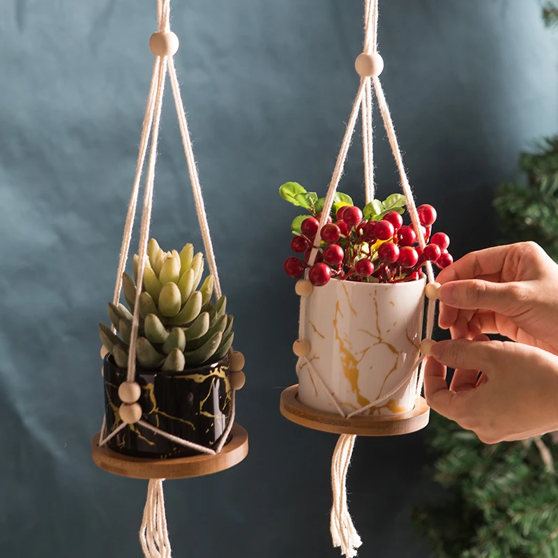 

Home Decor Geometric White Ceramic Flower Succulent Wall Hanging Planter Bamboo Tray