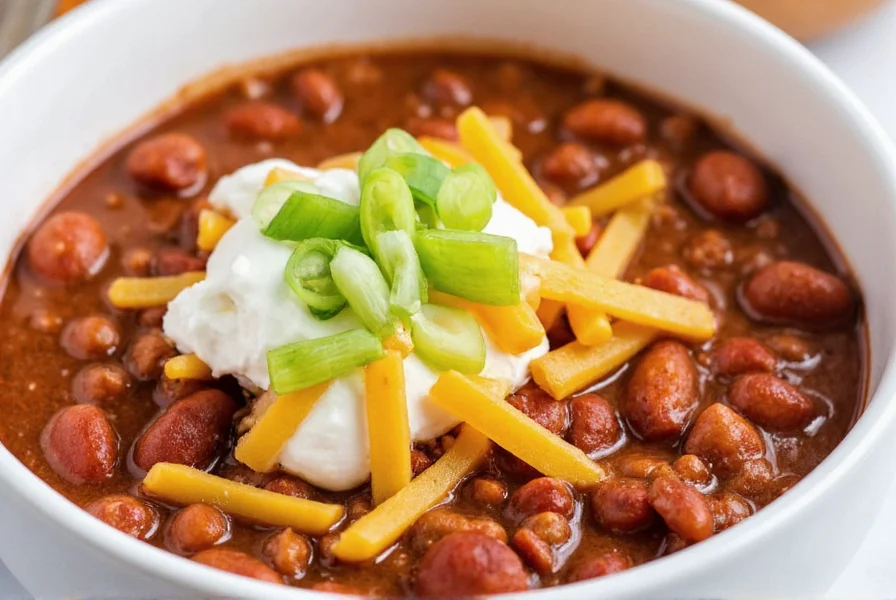 Finished easy chili recipe served in bowl with toppings like sour cream, cheese, and green onions