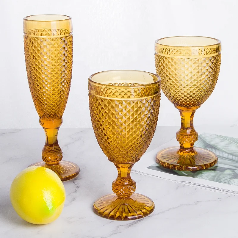 

Vintage-Inspired Pattern 250Ml Amber Solid Color Embossed Engraved Vintage Glasses Wine Colored Glass Goblets Color Glass