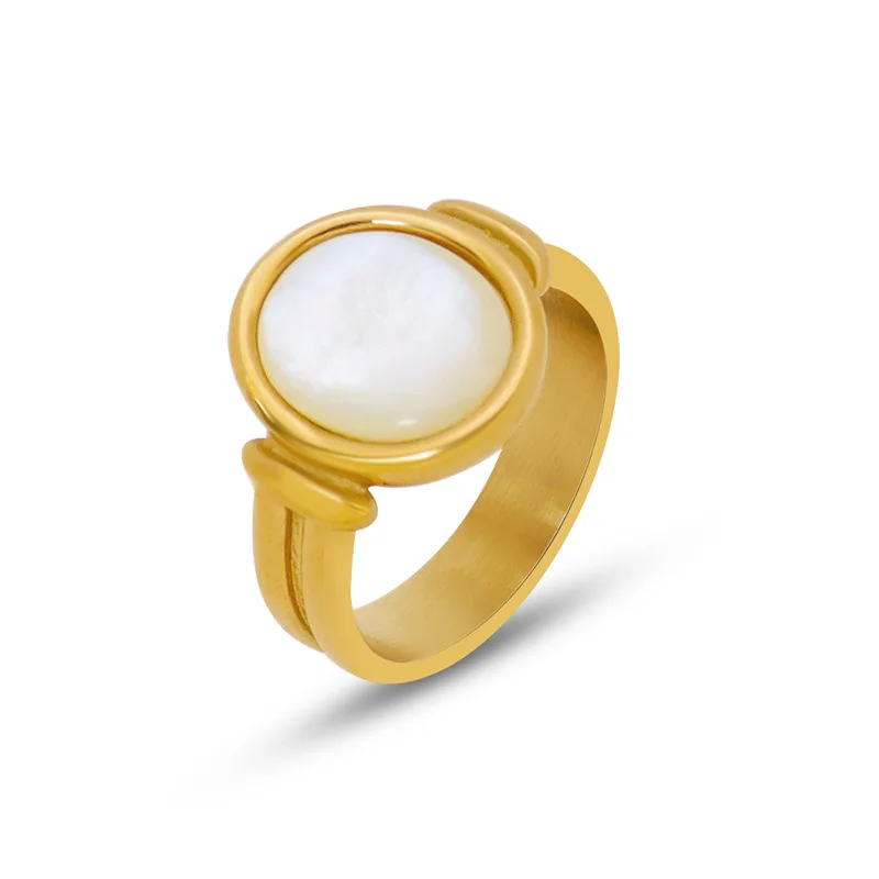 

High End 18K Plain Gold Vintage White Shell Stainless Steel Rings for Women Tarnish free & Waterproof Jewelry