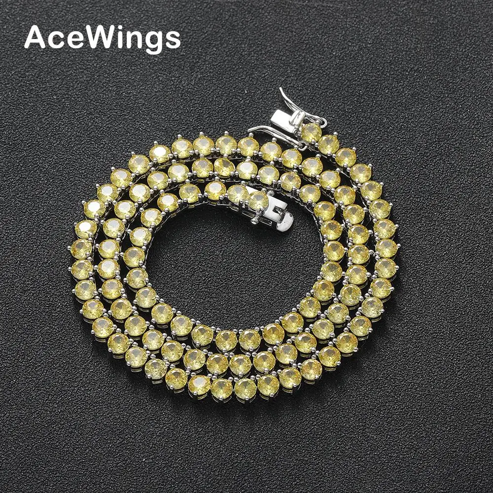 

BC157 4mm Brass setting CZ 3 Prong Tennis Chain Necklace Silver Color Yellow Zircon Women Necklace