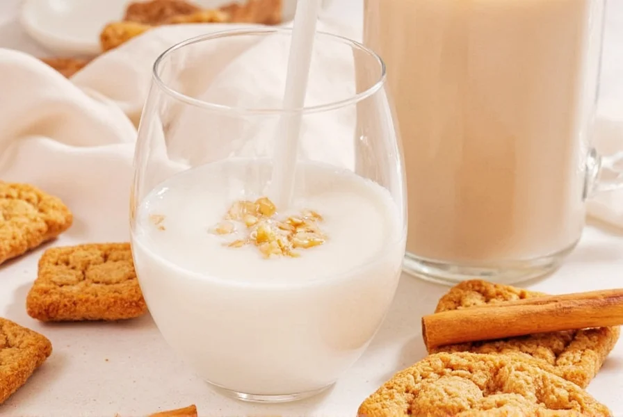 Close-up of Cinnamon Toast Crunch cereal in whole milk showing the perfect milk-to-cereal ratio with visible cinnamon swirls in the milk