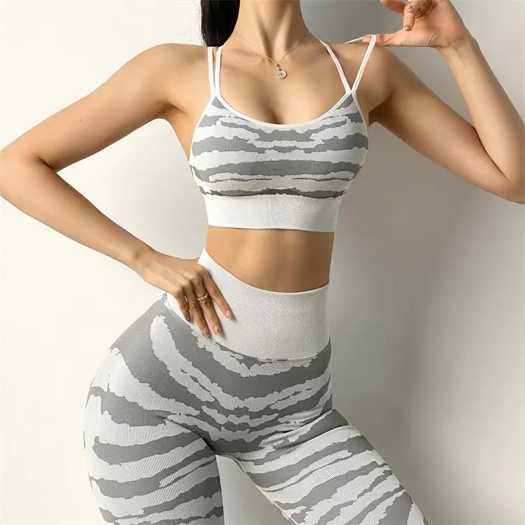 

custom logo set Womens Seamless Zebra stripes yoga Fitness Workout sets Bra and Leggings gym tights jogging jogger sport set, Picture color