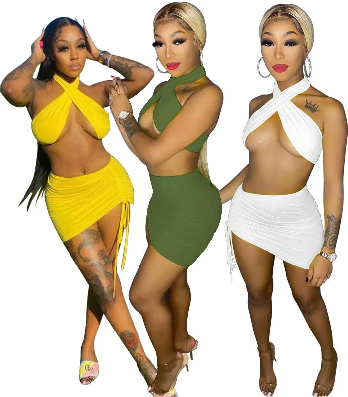 

2021 Sexy Strap Front Cross Tie Back Halter Neck Tank Tops With Drawstring Maxi Dress Plus Size Clubwear Casual Two Piece Set