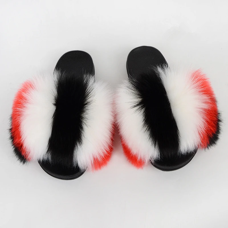 

Custom printed wholesale designer luxury fluffy multiple colorful rainbow winter furry faux fur colour slipper slides for women, Customized color