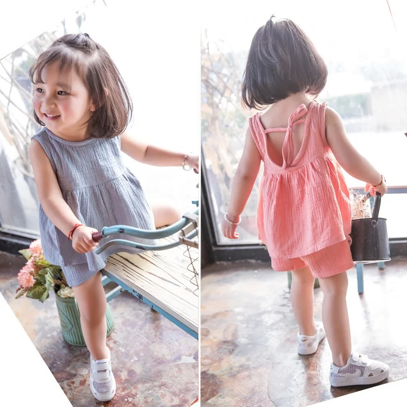 

B60222A Cotton and linen 2019 new Korean version of girls back lace-up dress shirt and shorts, Pink light blue