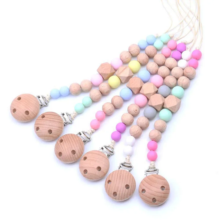 

Baby Teething Silicone Nature beech Beads Wood Pacifier Clip Dummy Feeding Nipple Holder