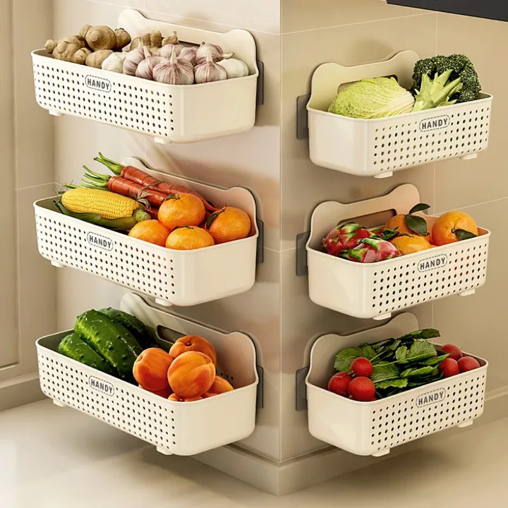 

Wall Mounted Storage Basket Kitchen Storage Hooks Organizer Bathroom storage organizer basket with handle for Fruits Vegetables