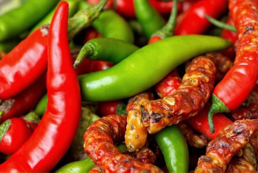 Close-up view of various chili pepper varieties showing different colors and shapes including red jalapeños, green serranos, and dried ancho peppers