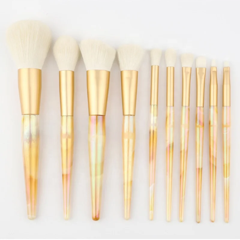 

Hot Sale 10pcs Beautiful Makeup Brush Set Marbled Plastic Handle Powder Blush Eye Shadow Brush Cosmetic, Orange gold