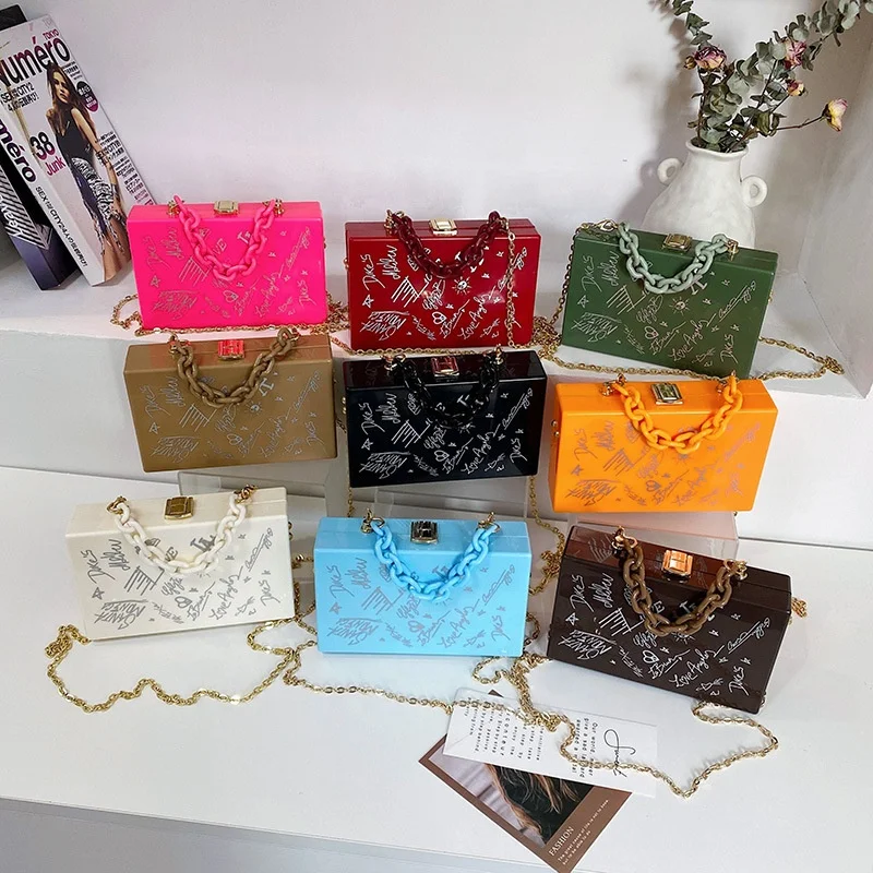 

New Arrival Acrylic Chain Box Bag Graffiti Personality Cosmetic Bag Large Capacity Crossbody Bag For Ladies, 9 colors
