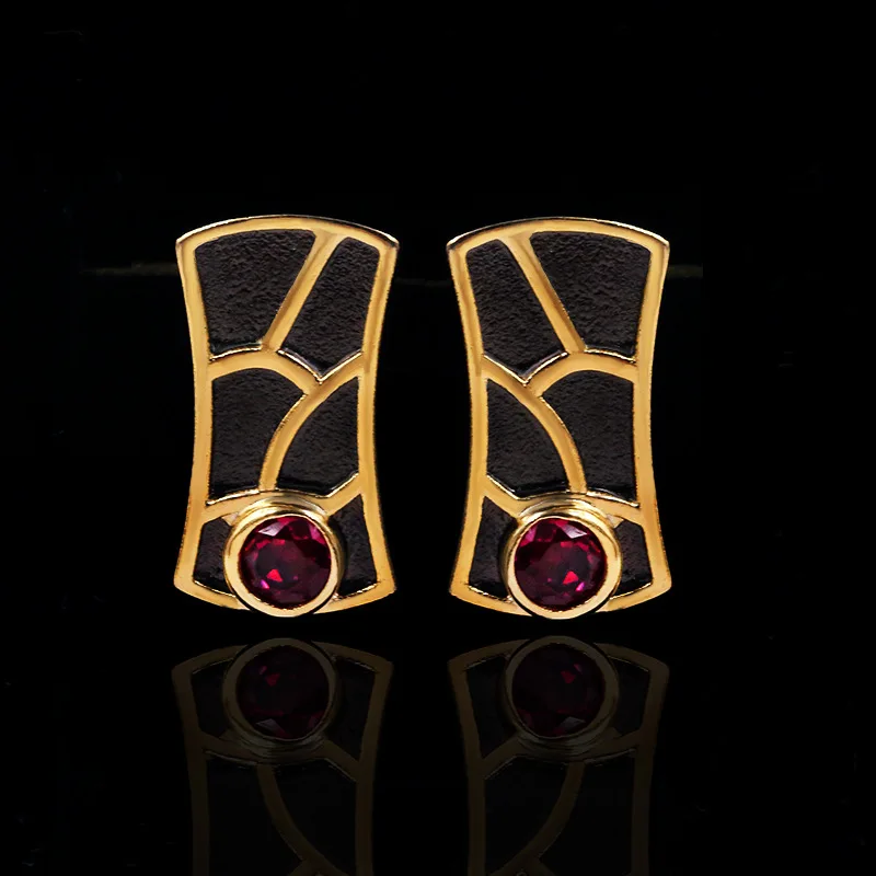 

Luxury Fine Jewelry KYED0417 Simple Black Red Zircon Retro Earrings For Women