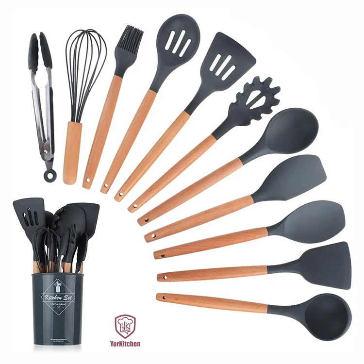 

11 Pieces Silicone Non-stick Wooden Handle Utensils Set Kitchen Cooking Silicone Utensil Set