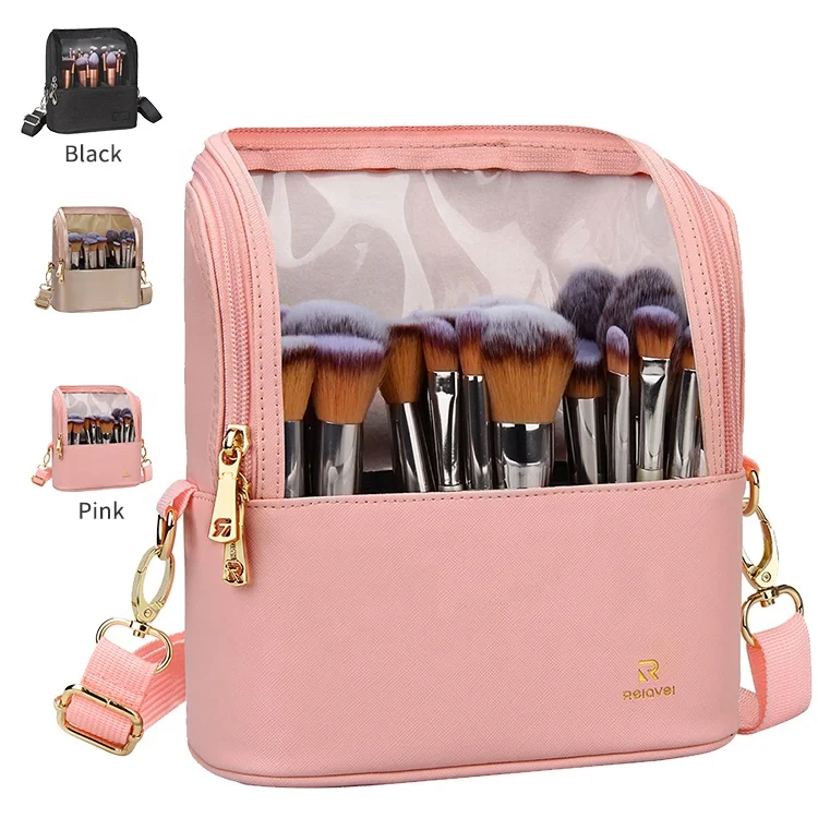 

Relavel Fashion Waterproof Pink Small Detachable Shoulder Strap Travel Stand Up Makeup Brush Holder Bag