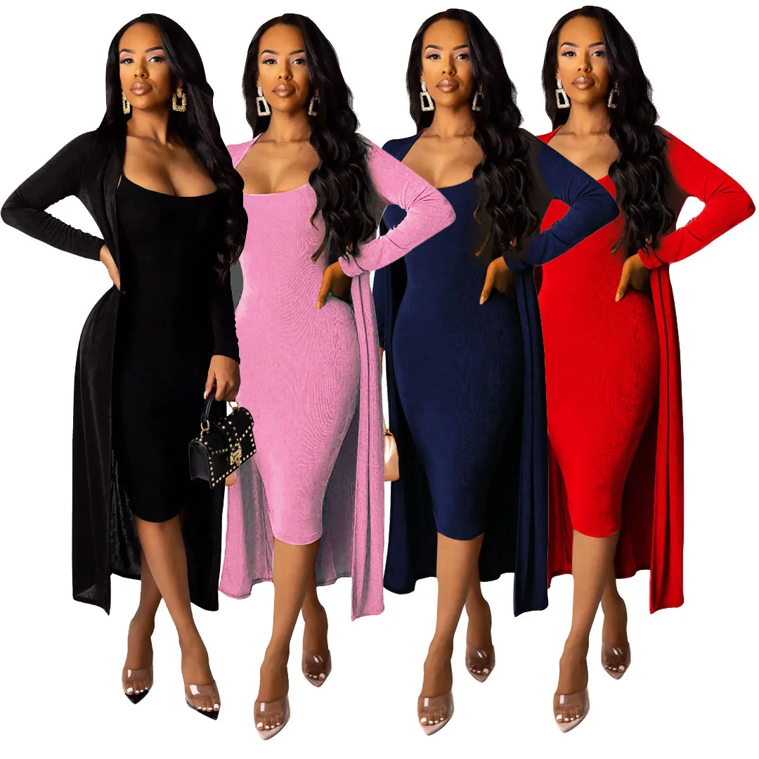 

European And American Autumn Women's Clothing Hot Sale Sexy Deep V Neck Coat Cardigan Dress Tracksuits Two Piece Suits Sets, Picture color