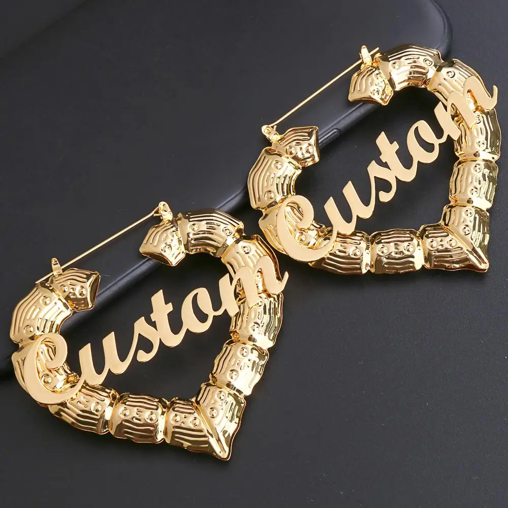 

Personalized Shape Hoops Hoop Stainless Steel Gold Plated Custom Filled Large Name Plate Kids Wholesale Heart Bamboo Earrings, Gold/rose gold/ silver