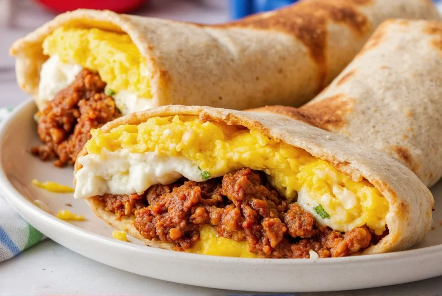 Final presentation of a chorizo breakfast burrito