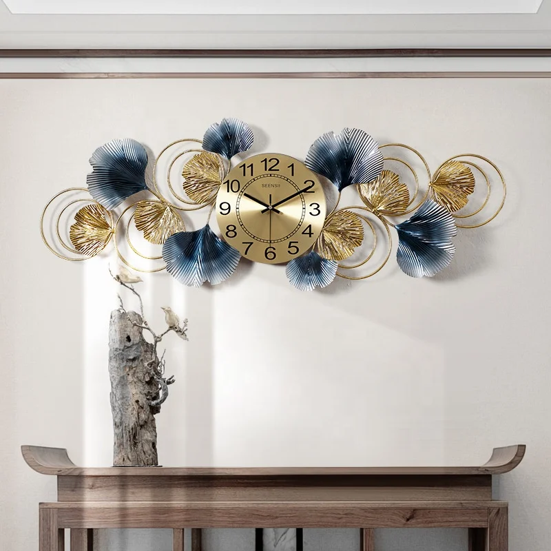 

New Coming Flower Sculpture Handmade Home Wall Decor Art Wall Clock Retro Ginkgo Leaf Metal Decorative Wall Clock, Gold