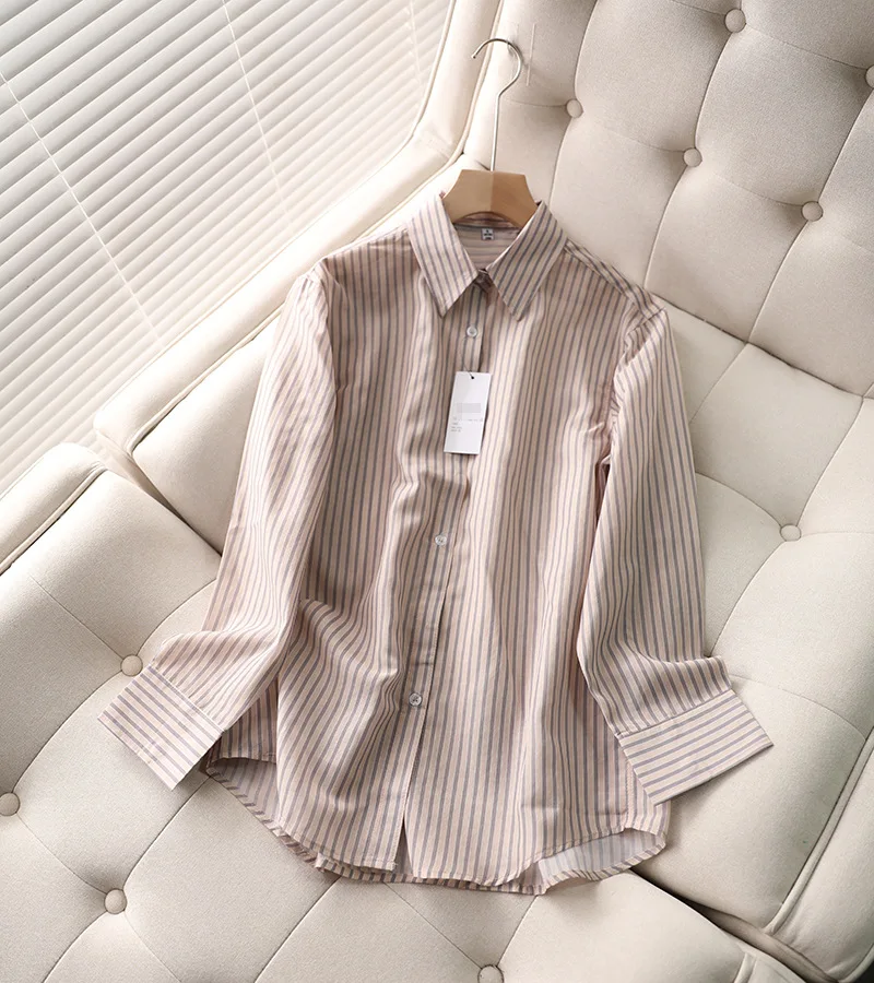 

Vertical striped shirt women's new design sense loose and versatile cotton and linen Japanese casual top