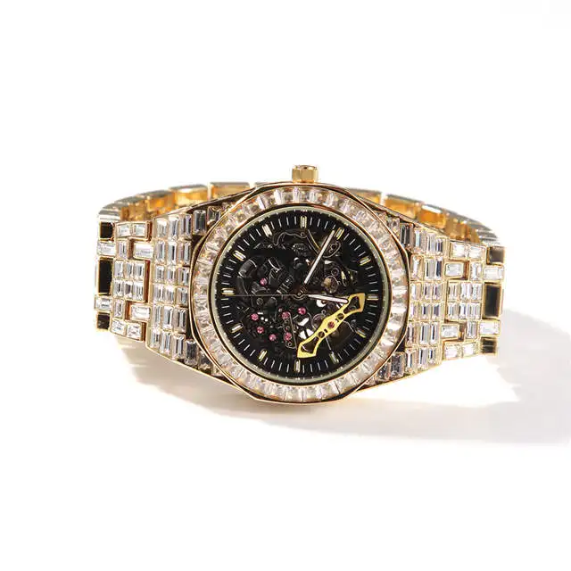 

Hollow Out Brand Designer Relojes Mechanical Wrist Watche Jewelry For Mens Full Diamond Watch Bands Mechanical Watches, Gold/silver/gold and silver