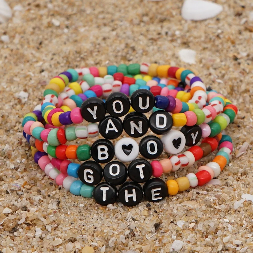 

Simple Bohemian Seaside Beach Ethnic Wind Glass Colorful Alphabet Beaded Small Bracelet for Women