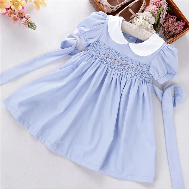 

B062362 blue baby dresses smocked girl's dress summer solid blue plain easy cotton kids clothing wholesale