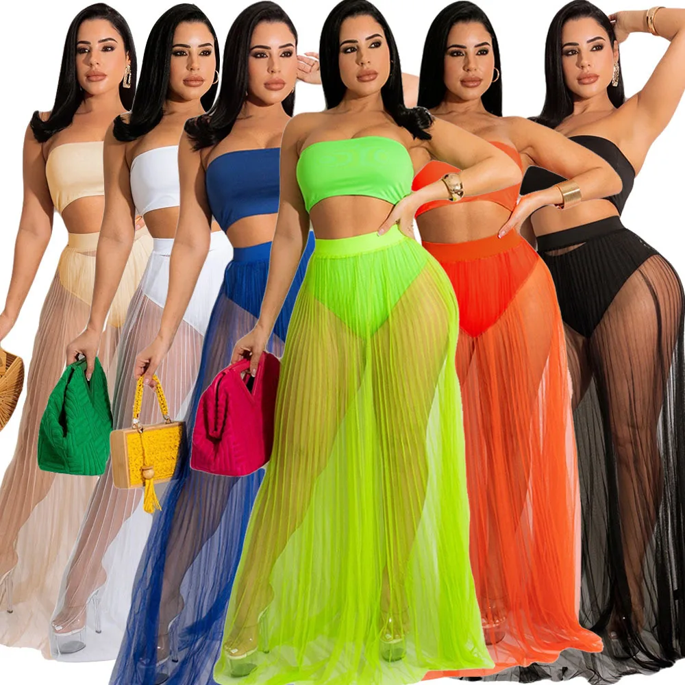 

EB-2022042504 Beach wear women mesh see through sexy chest wrapping night club strapless gauze sexy two piece set