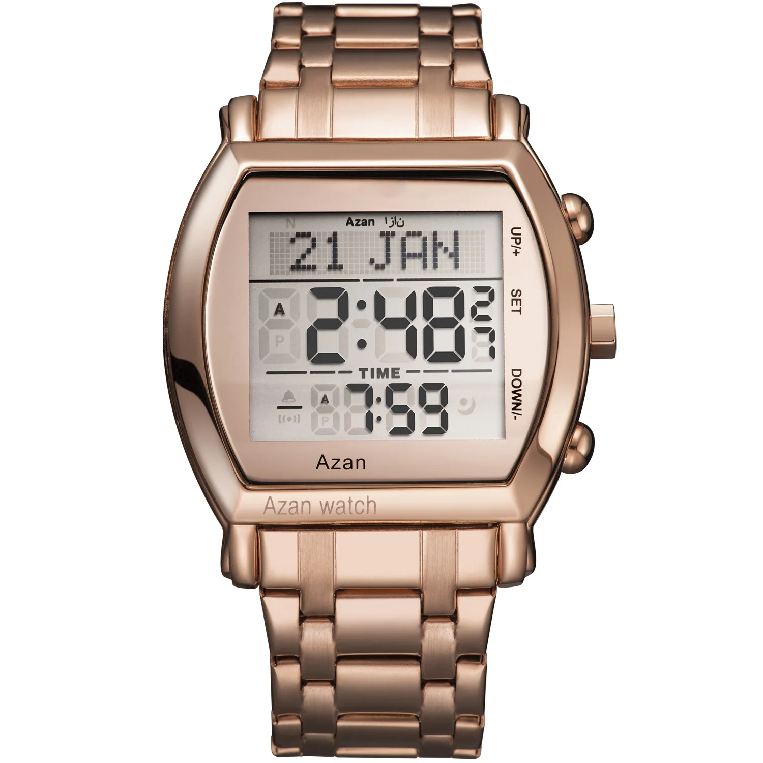 

2021New Arrival Muslim Prayer montre watch rose gold stainless steel Islamic Azan wrist Watch digital led watch clock men