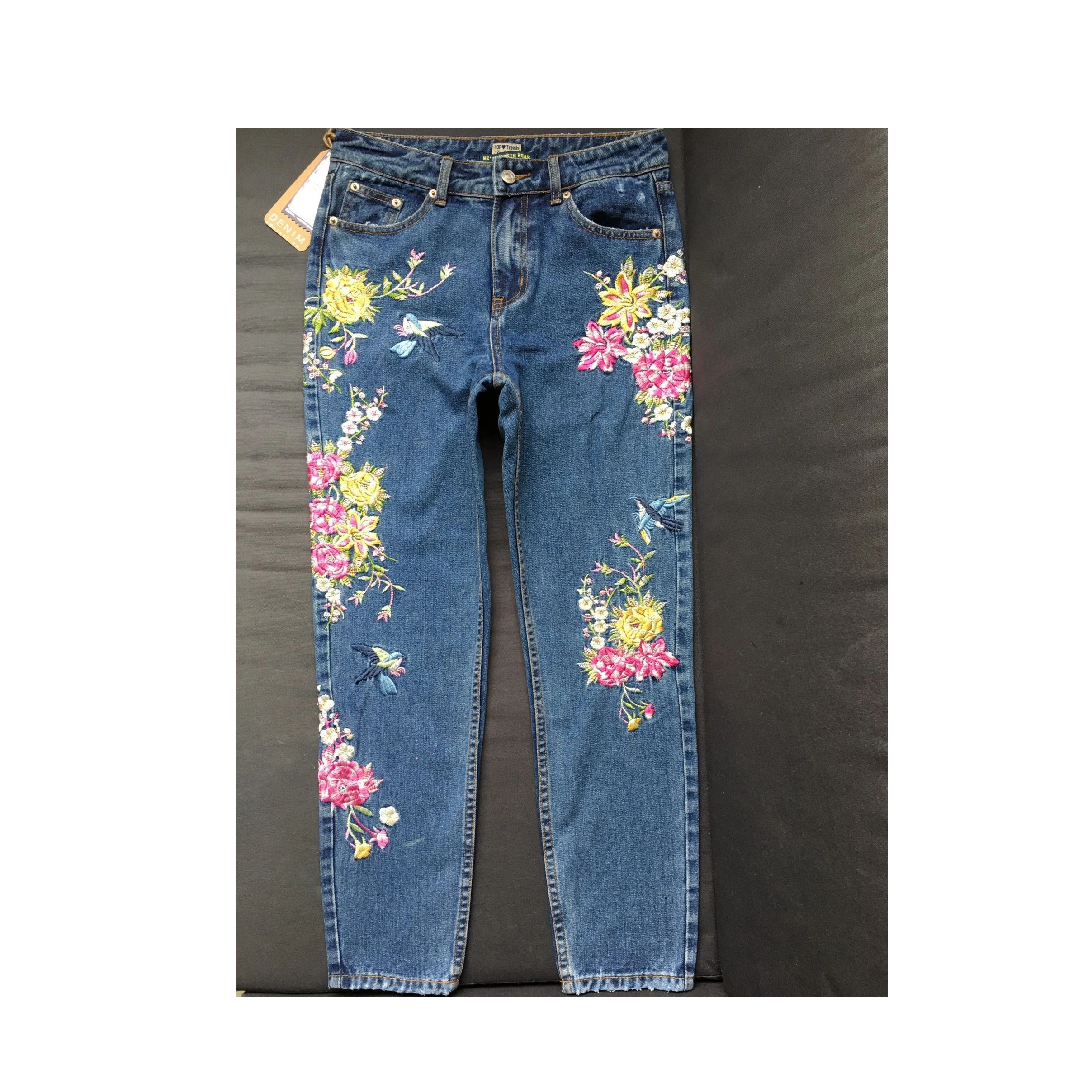 

Personalized Fashion Floral Embroidery Ladies Denim Loose Jeans Ladies Denim High Waist Pants Trousers, Blue