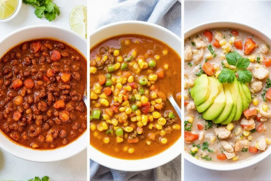 Three bowls of different chili variations side by side: classic beef chili, vegetarian chili with corn, and white chicken chili with avocado garnish