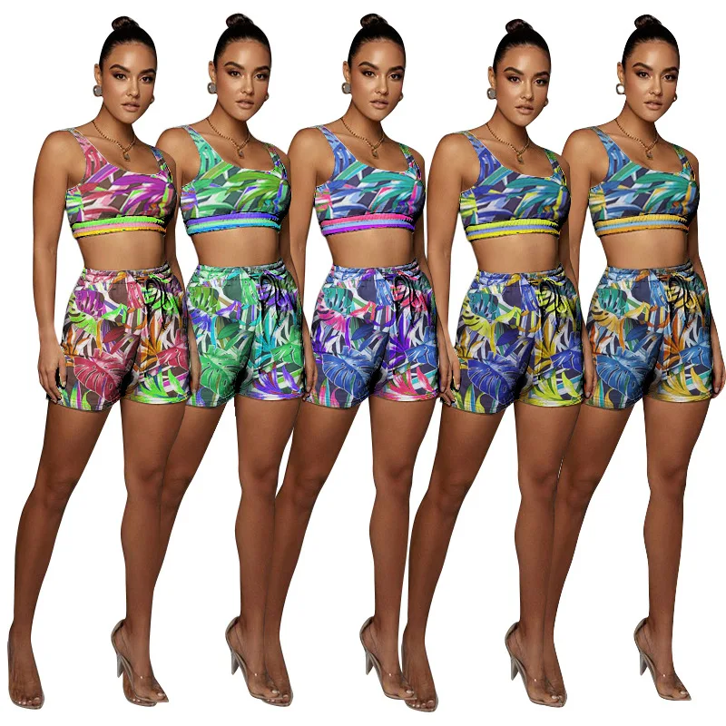 

YS-069 Summer New Style Women'S Beach Style Printed Sleeveless Sports Suit