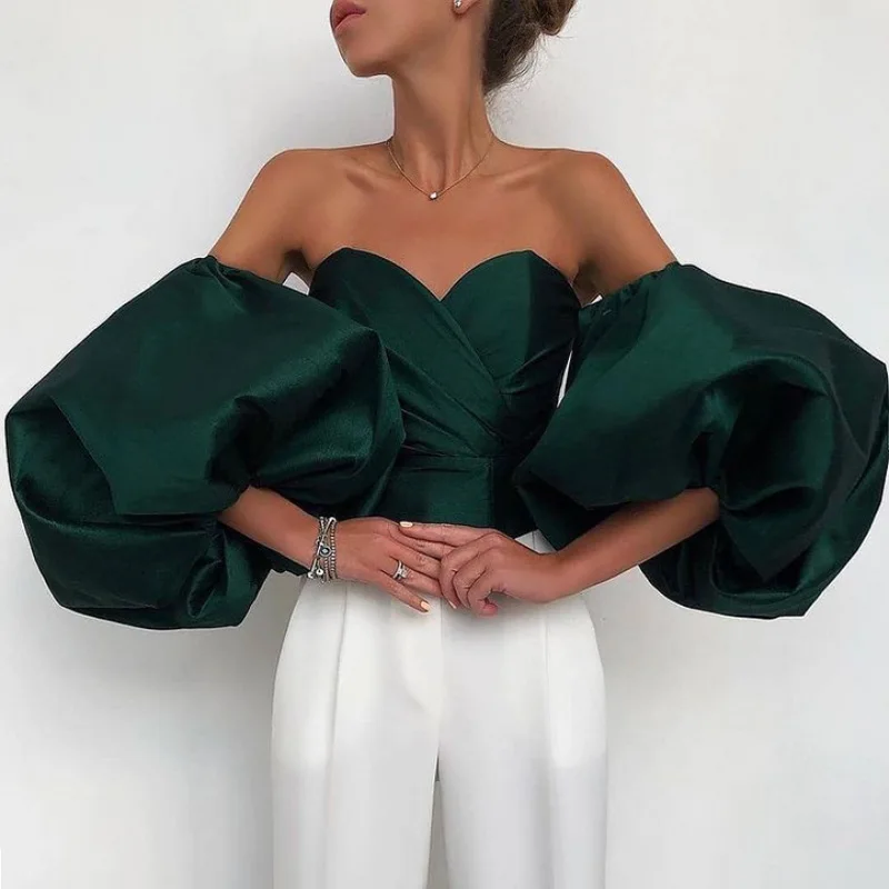 

New Summer Dark Green Off Shoulder Lantern Sleeve Women Club Blouse