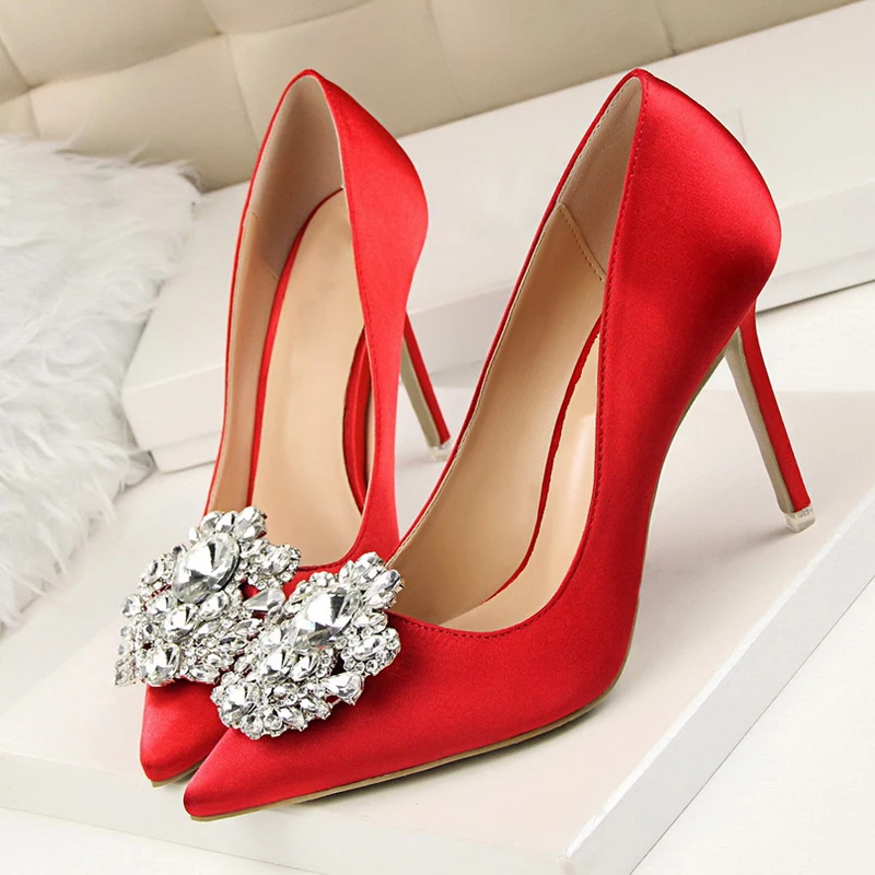 

New Style Pumps Spring Autumn Satin Rhinestones Pointed Toe Shallow Slip-On Women Office Shoes Ladies Thin High Heels