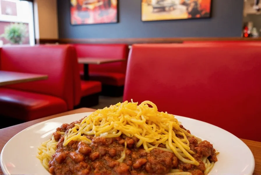 Skyline Chili restaurant interior showing red booths and classic Cincinnati chili served over spaghetti with cheese
