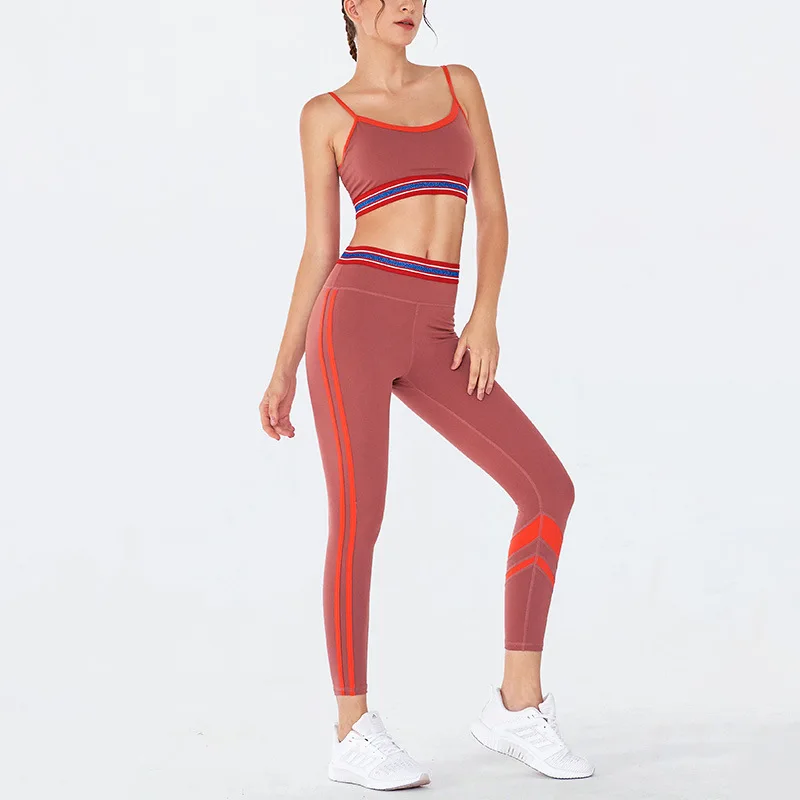 

Women Tracksuit Two-piece Set Quick-drying Striped Color Contrast Yoga Pants, Shown