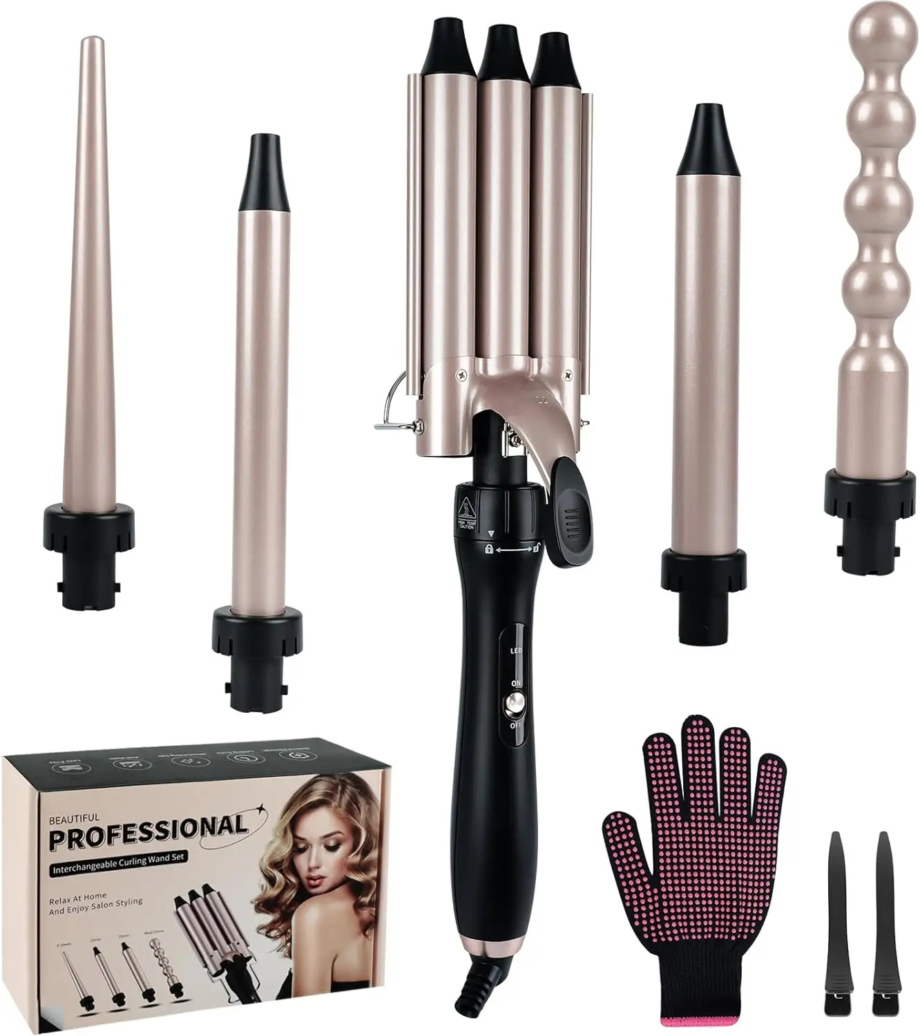 

Interchangeable Ceramic Hair Curler Heating Curling Wand Dual Voltage Waver 5 in 1 Curling Iron Set with 3 Barrel Hair Crimper
