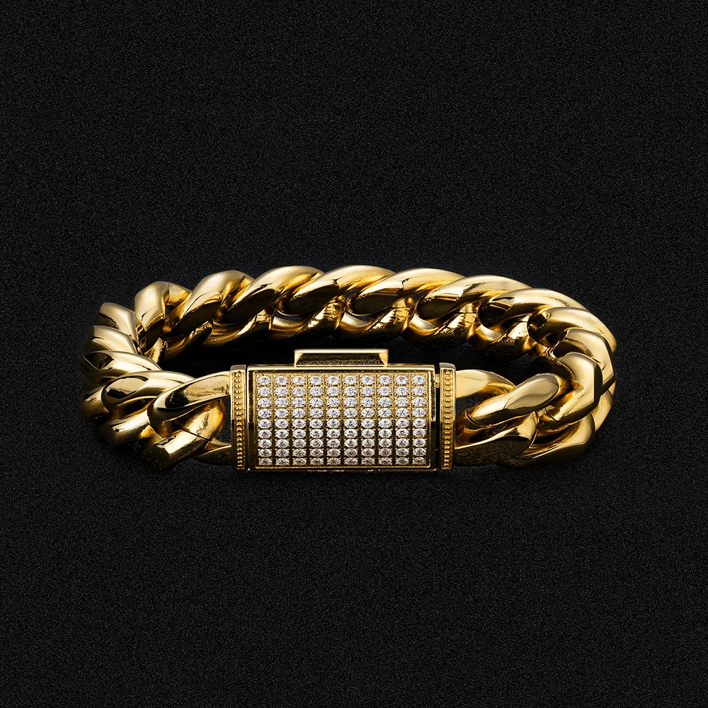 

KRKC Drop Shipping Hip Hop jewelry No MOQ 1pc 18mm 18K Gold Plated Buckle CZ Clasp 316L Stainless Steel Miami Cuban Bracelet Men
