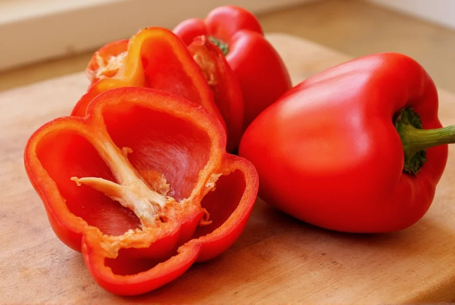 Close-up view of sliced red bell peppers showing vibrant interior and seeds on wooden cutting board