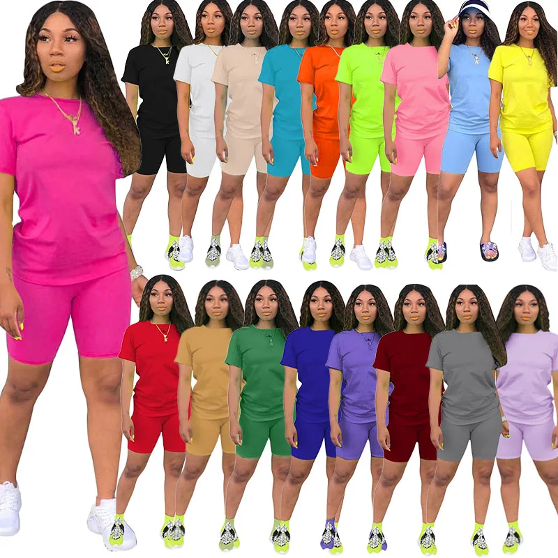 

women cotton solid color plus size 3XL 4XL short sleeves o neck T shirt short pants 2 two piece casual shorts set ladies outfit