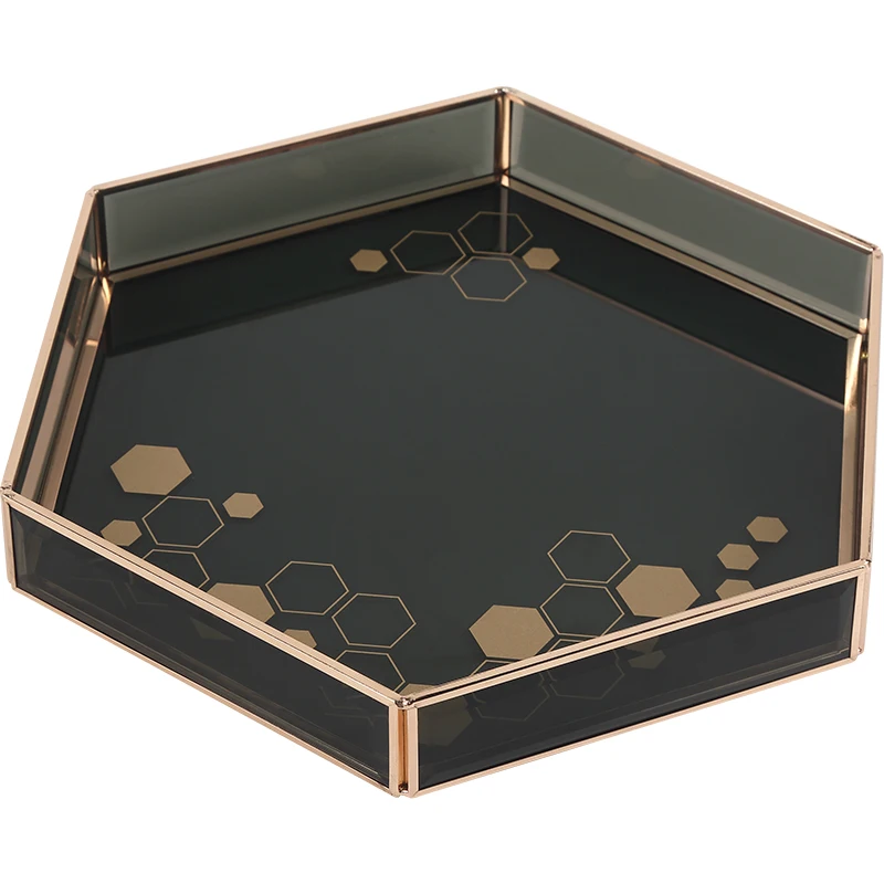 

Custom Logo Black Glass Hexagon Honeycomb Pattern Organizer Tray Home Decorative Skincare makeup Products Storage Tray