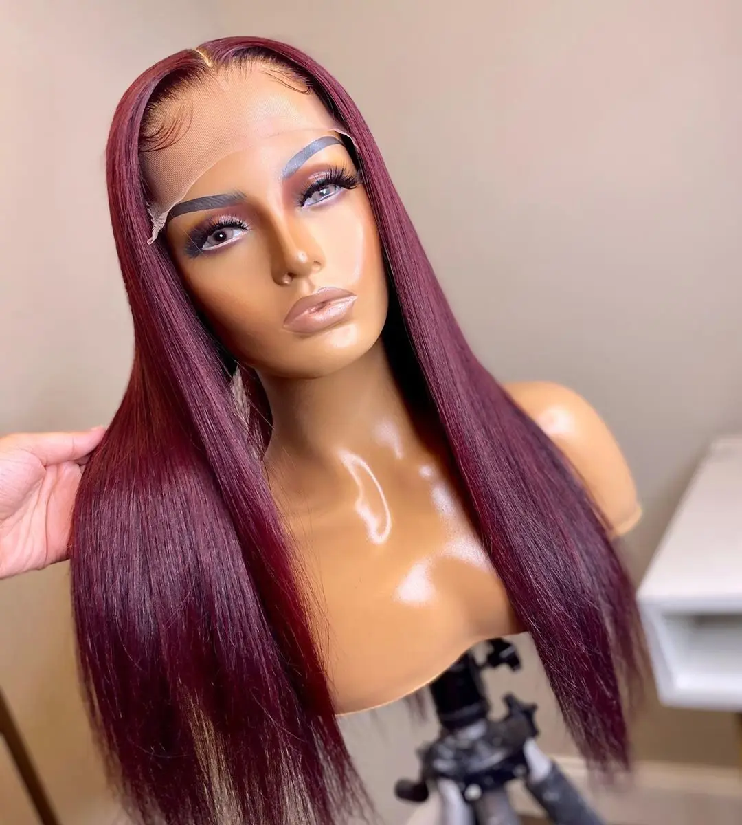 

Burgundy Color Long Bone Straight Human Hair Swiss Lace Wigs 100% Raw Indian Human Hair Lace Front Wig For Black Women