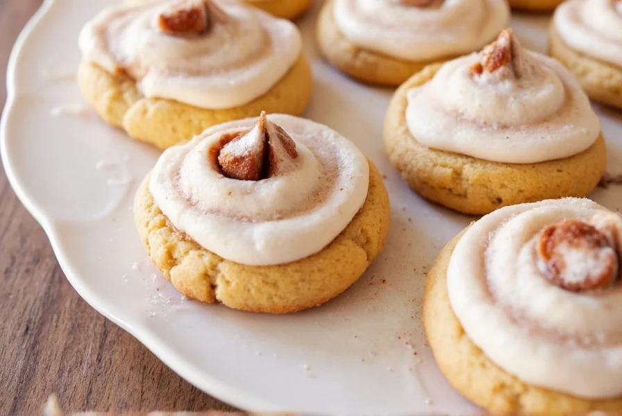 Close-up of freshly baked cinnamon roll cookies with spiral pattern visible and cream cheese frosting drizzled on top