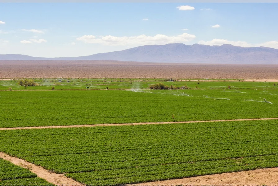 Aerial view of chile pepper fields in Yuma Arizona with irrigation systems and desert landscape