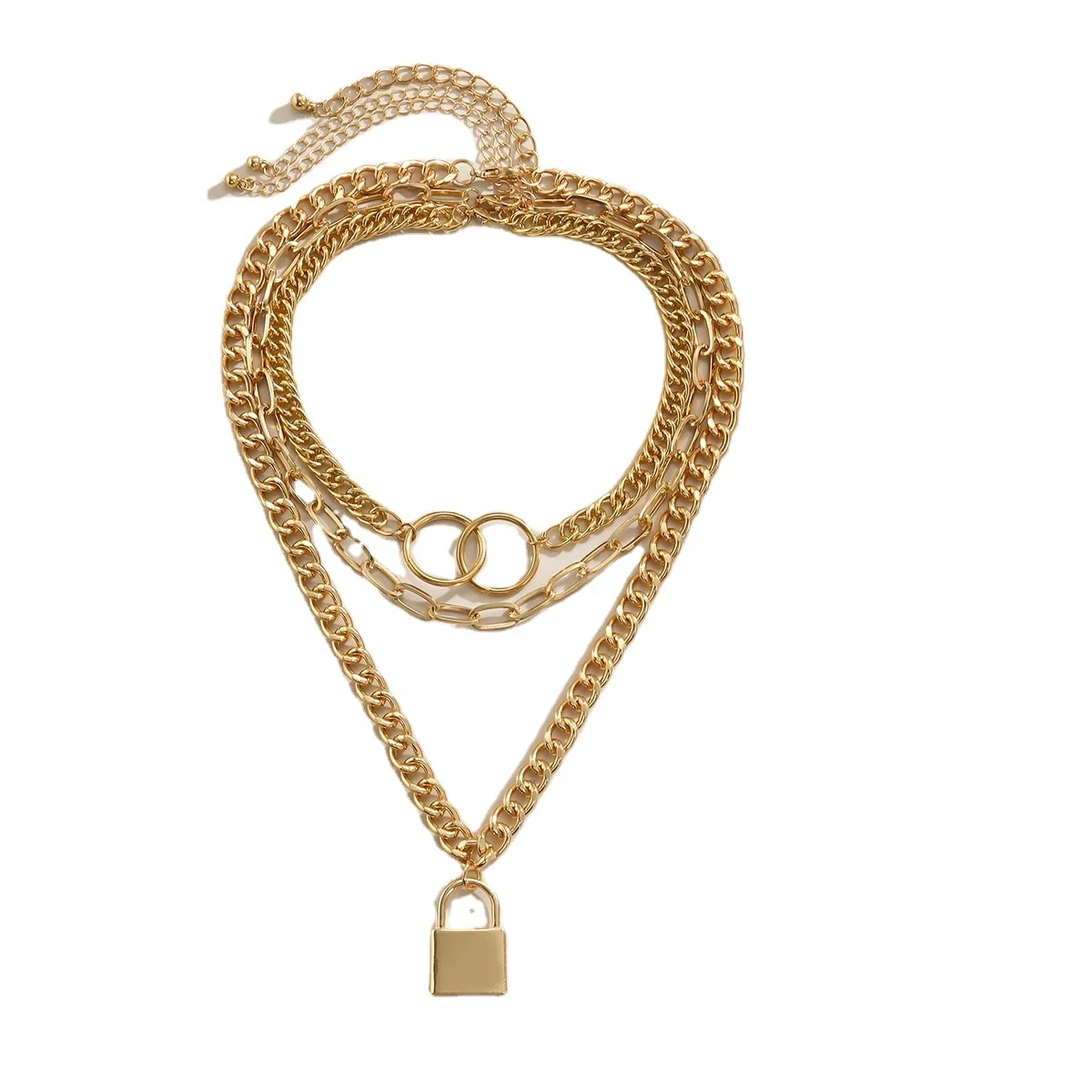 

Individual retro alloy creative cool wind double ring geometric lock necklace