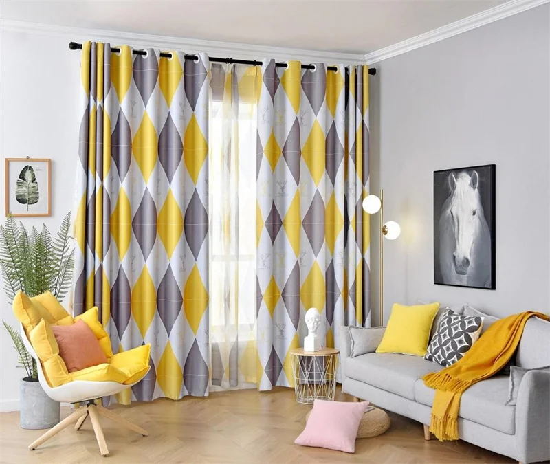 

Nordic Yellow Geometric Printed Blackout Curtain Cloth Living Room Home Decoration Polyester Window Curtains